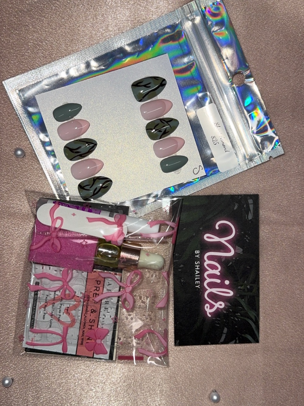 Pink & Olive Press-On Nail Set with Black Leaf Accent